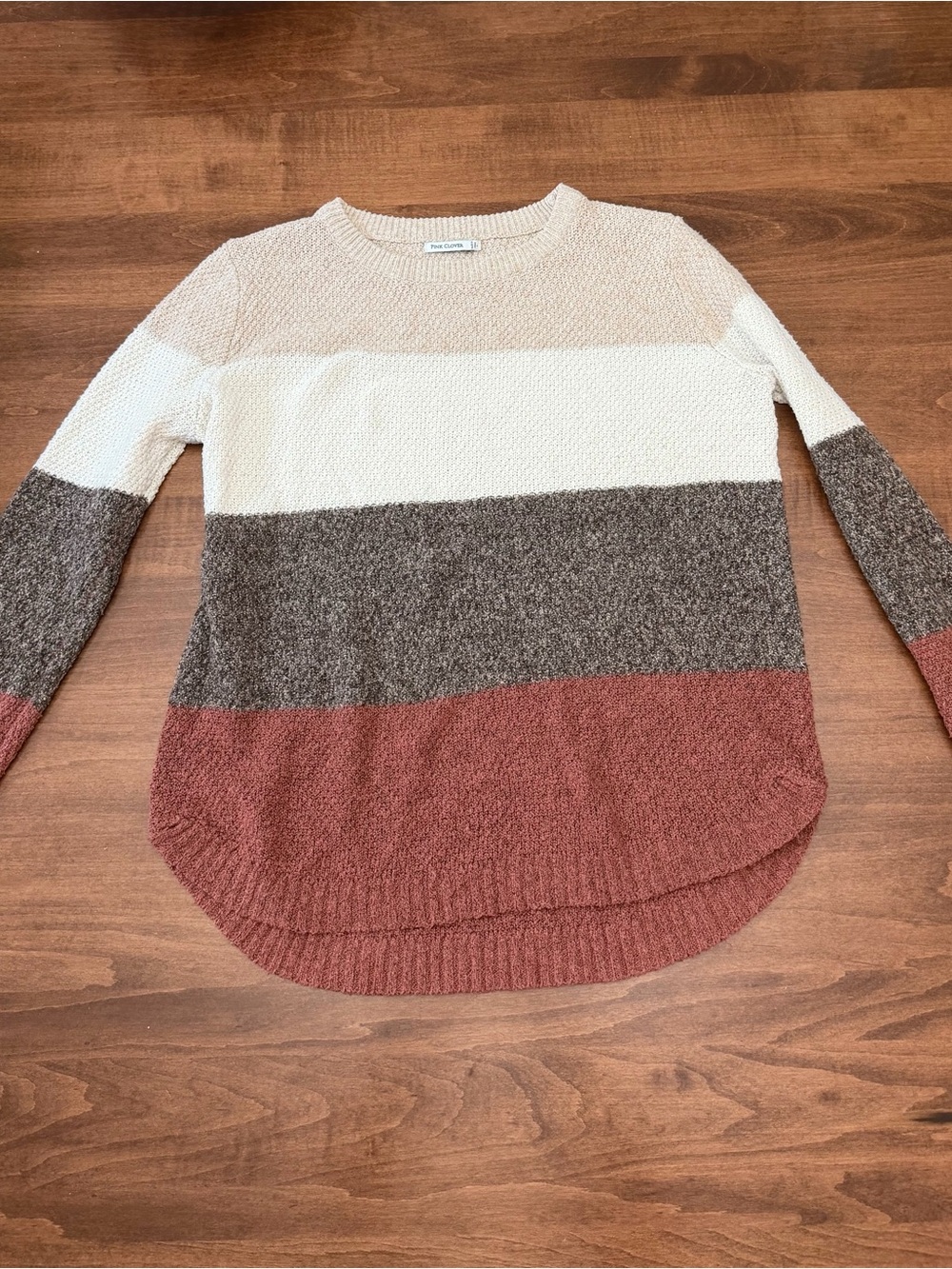 Pink Clover Striped Crewneck Sweater in Rose, Cream & Taupe